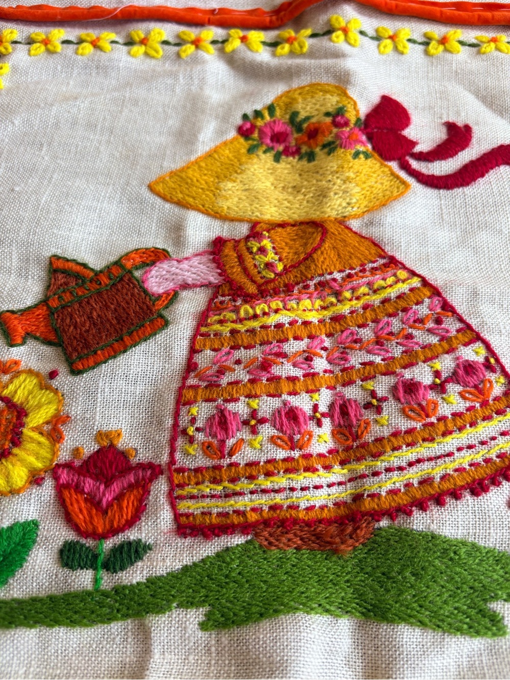 Crewel Sunbonnet Girl Floral Linen Square - Picture 2 of 5